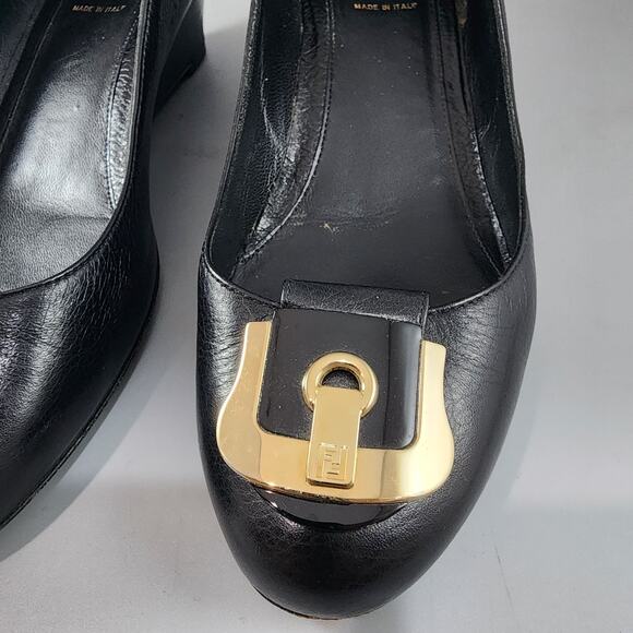 Fendi Black Leather Wedge Pumps Gold Logo Accent - IT Size 40 - US Size 10 - Picture 9 of 13